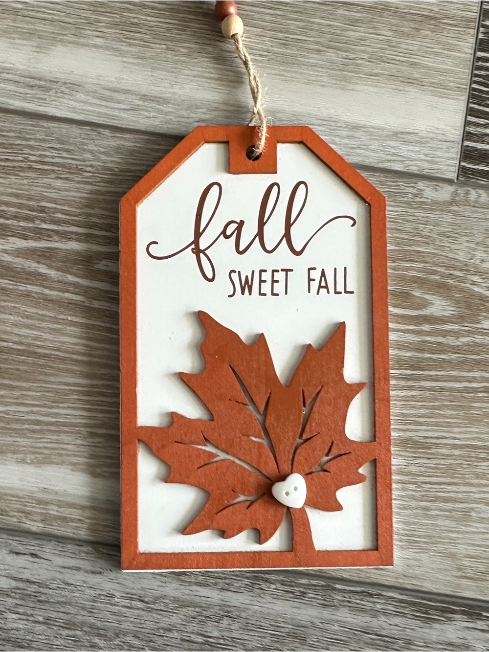 NWOT Fall Sweet Fall Wood Sign Leaf w Heart Button Beaded Jute Rope Hanger